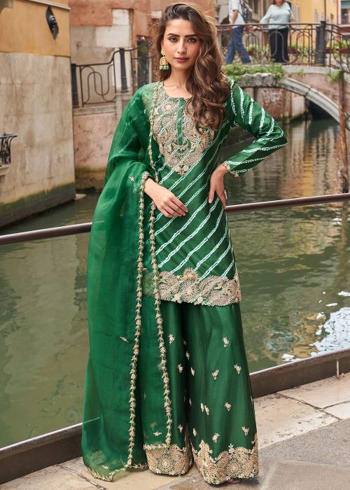 Green Leheria Print Palazzo Suit Set In Chiffon