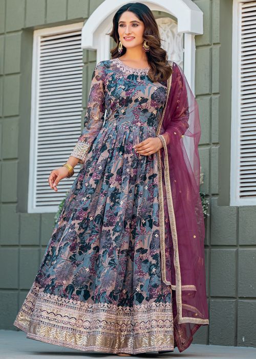 Multicolor Floral Print Anarkali salwar Suit Set