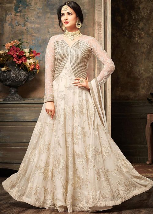 Sonal Chauhan Cream Embroidered Anarkali Salwar Suit Set