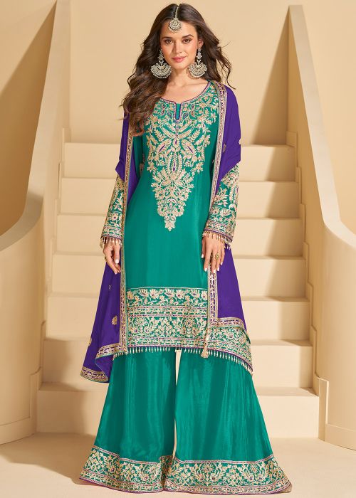 Teal Green Embroidered Palazzo Suit In Chiffon
