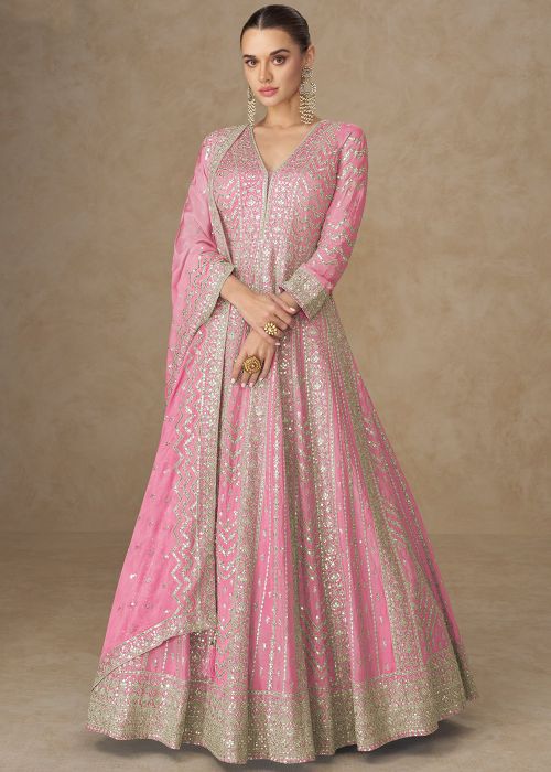 Pink Chiffon Silk Embellished Abaya Suit