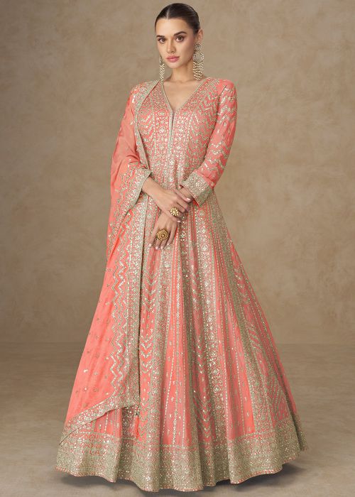 Peach Chiffon Abaya Suit with Sequins Work