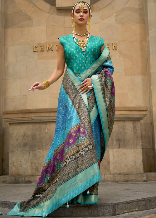 Blue Printed Saree In Viscose Silk