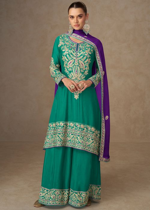 Green Chiffon Palazzo Suit With Zari Embroidery