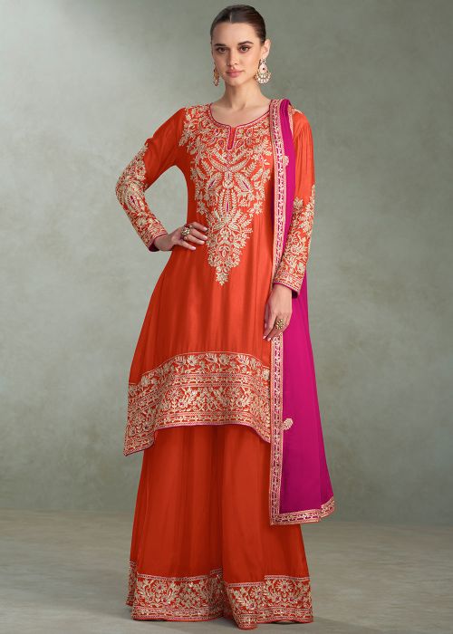 Orange Chiffon Palazzo Suit With Contrast Dupatta