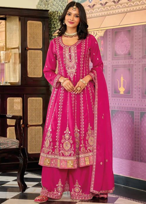Pink Chiffon Palazzo Suit With Zari & Mirror