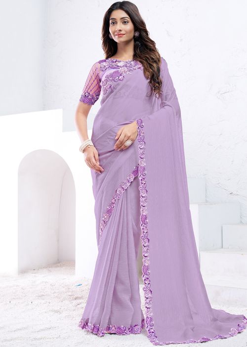 Lavender Purple Embroidered Crape Saree