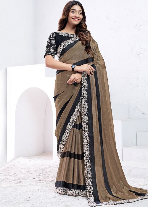 Brown Georgette Embroidered Saree