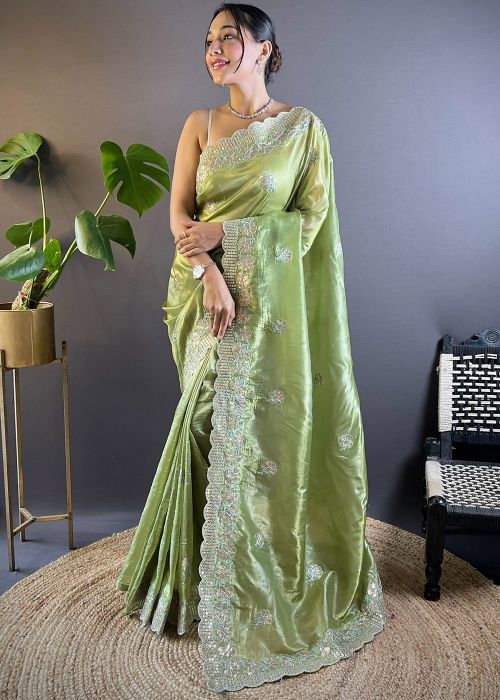 Green Embroidered Tissue Silk Saree