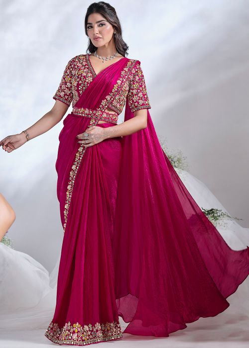 Pink Embroidered Saree In Satin