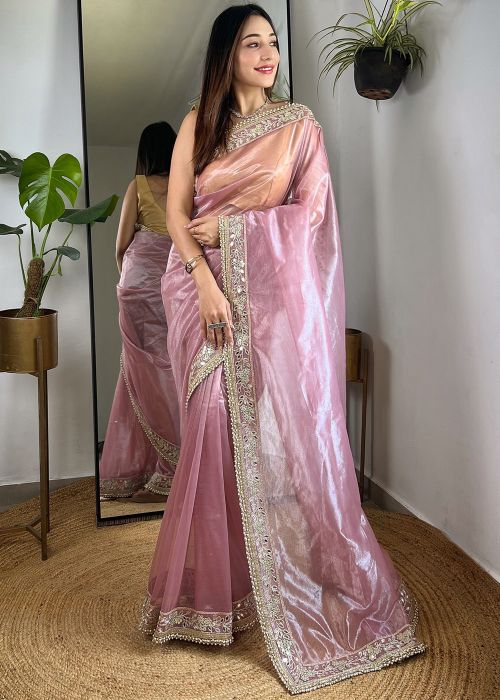 Pink Embroidered Saree In Tissue Silk