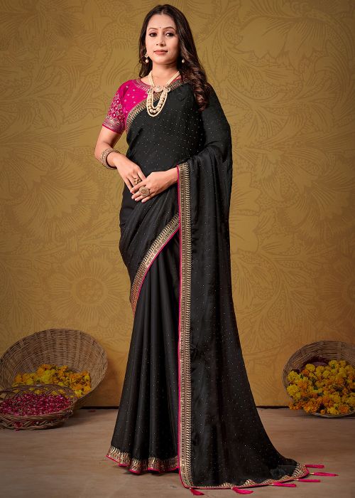 Black Zari Embroidered Art Silk Saree