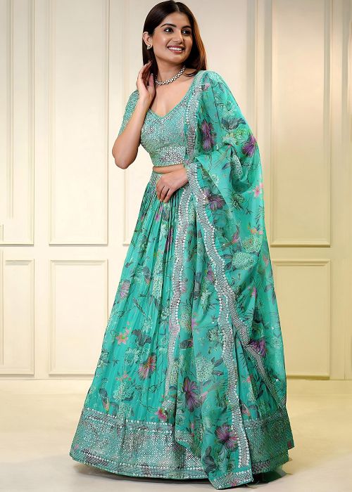 Blue Organza Lehenga Choli With Floral Print