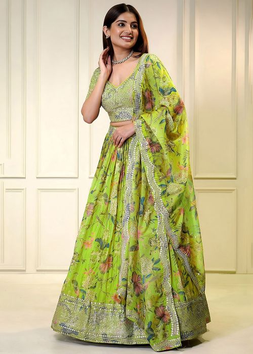 Light Green Organza Lehenga Choli With Printed Florals