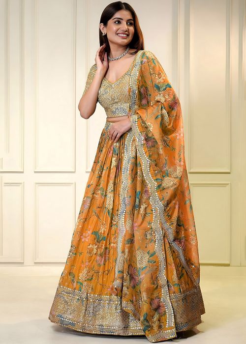 Orange Organza Lehenga Choli With Sequin Embroidery