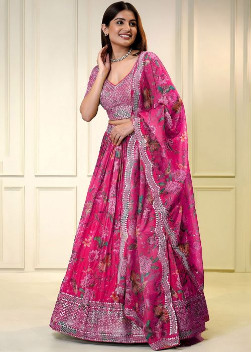 Pink Organza Lehenga Choli With Floral Print
