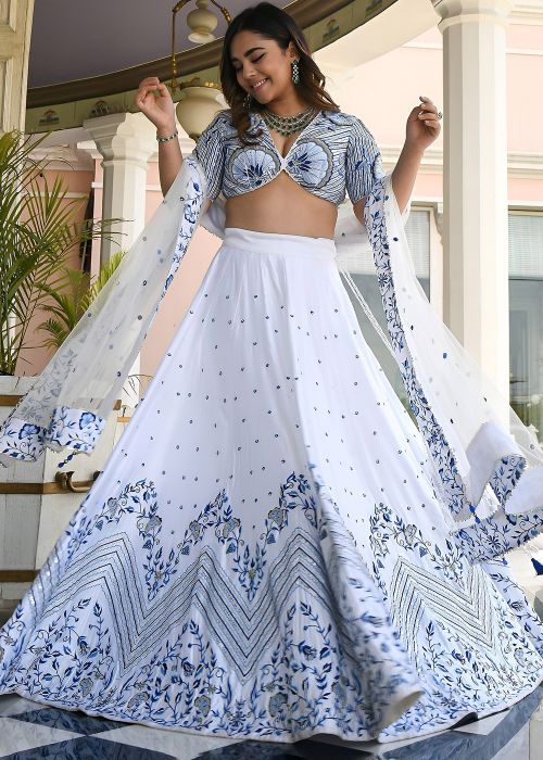 White Satin Lehenga Choli With Blue Thread Work