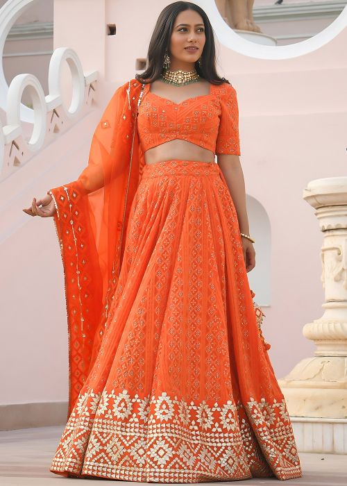 Orange Georgette Lehenga Choli With Gota Patti Work