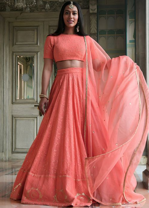 Peach Georgette Lehenga Choli With Sequins Border