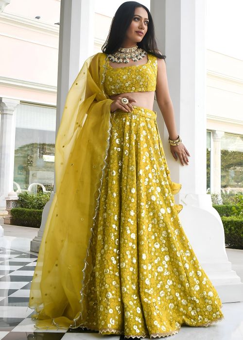Green Georgette Lehenga Choli With Floral Sequins