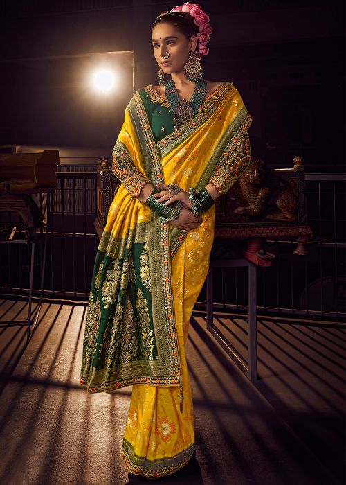 Yellow Viscose Saree In Zari Woven