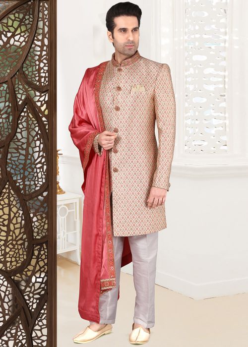 Beige Woven Readymade Sherwani With Embroidered Stole