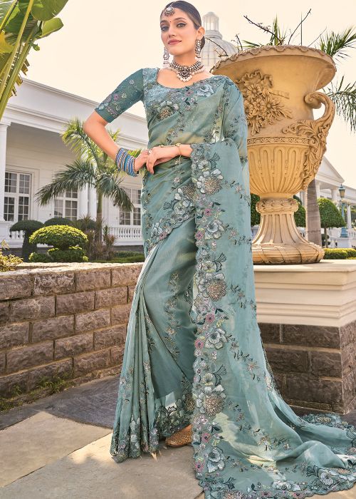 Grey Embroidered Crape Saree With Blouse