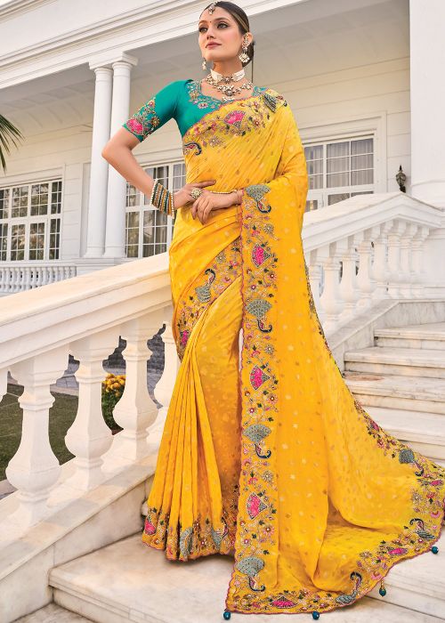 Yellow Woven Crape Saree With Blouse