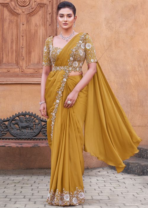 Yellow Pre-Stitched Embroidered Crape Saree