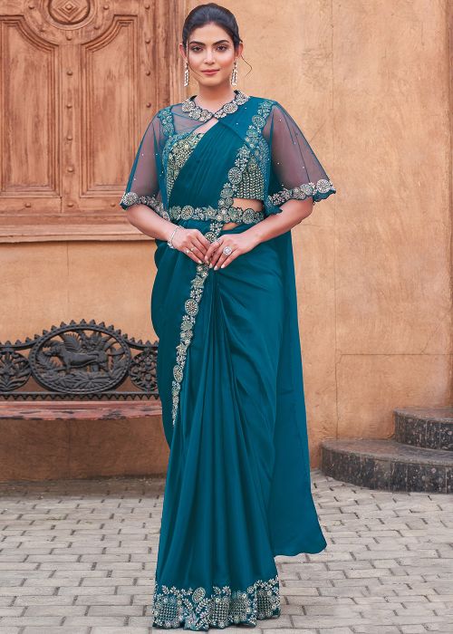 Blue Pre-Stitched Embellished Crape Saree