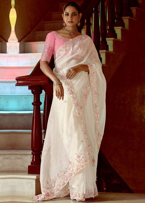 White Embroidered Saree In Silk