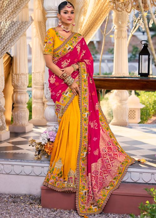 Yellow Half N Half Embrodiered Silk Saree