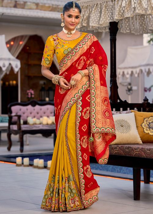Yellow Half N Half Embrodiered Silk Saree
