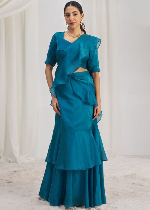 Blue Pre-Stitched Lehenga Style Saree