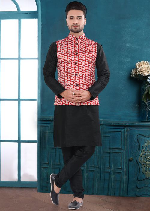 Red Elephant Print Satin Nehru Jacket