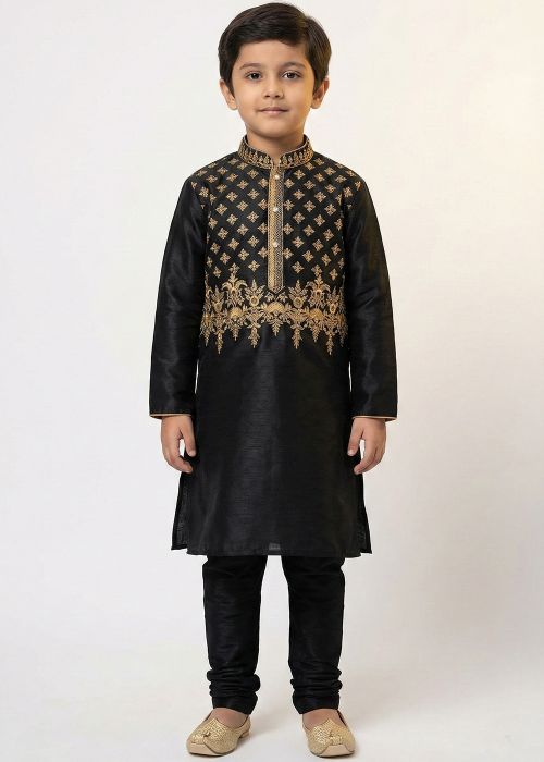 Black Kids Kurta Pajama With Gold Embroidery