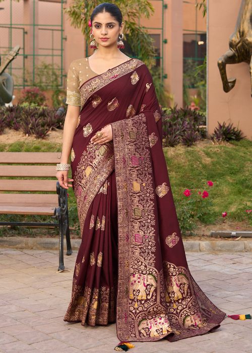 Wine Woven Saree In Art Silk
