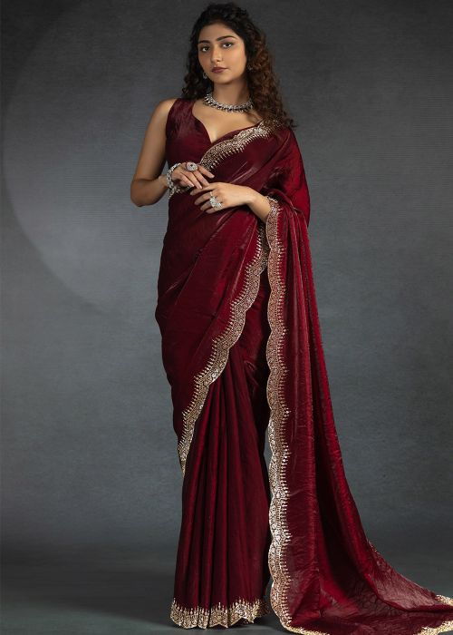 Maroon Scalloped Border Satin Saree