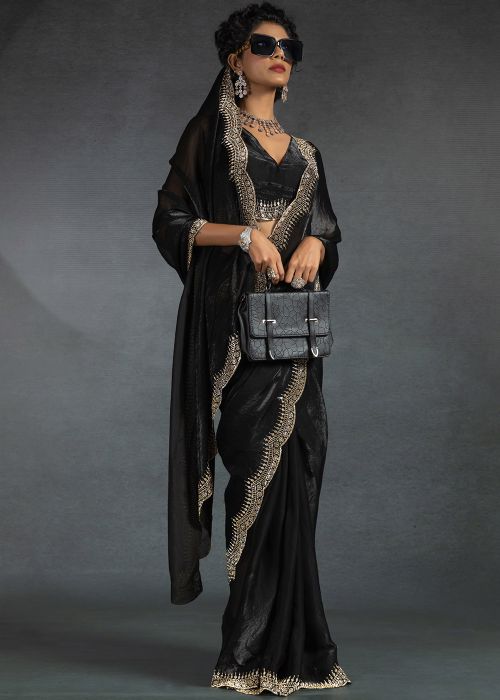 Black Embellished Border Saree In Satin
