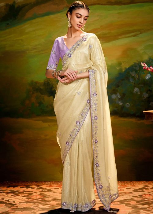 Cream Embroidered Saree In Organza