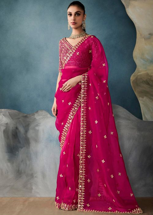 Pink Embroidered Saree In Tussar Silk