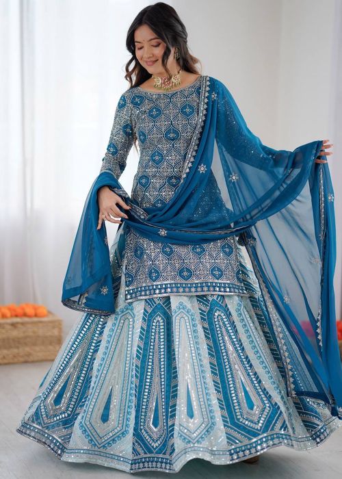 Blue Georgette Kurti Lehenga With Sequins