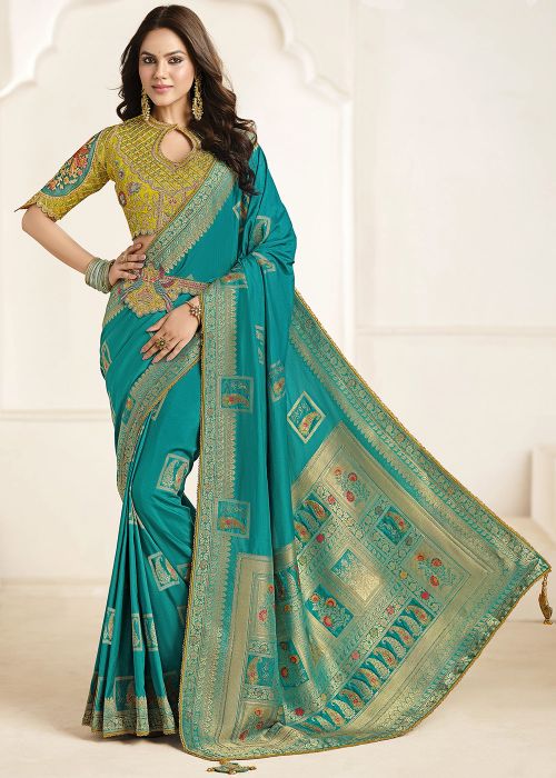Blue Embroidered Saree In Silk