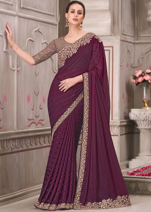 Purple Embroidered Saree In Georgette