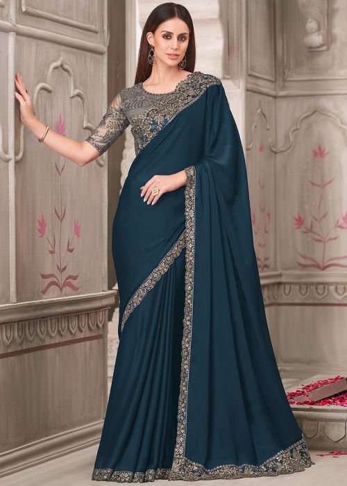 Blue Embroidered Satin Saree