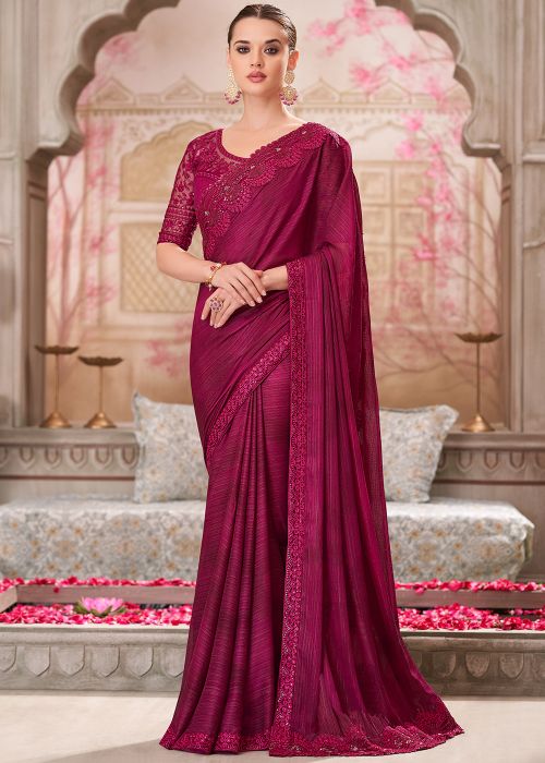 Wine Embroidered Saree In Satin