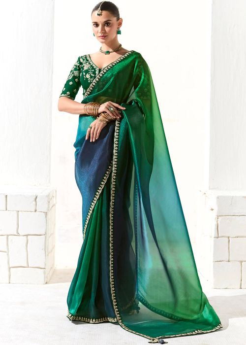 Shaded Green & Blue Emroidered Saree