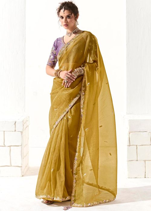 Yellow Embroidered Saree In Organza