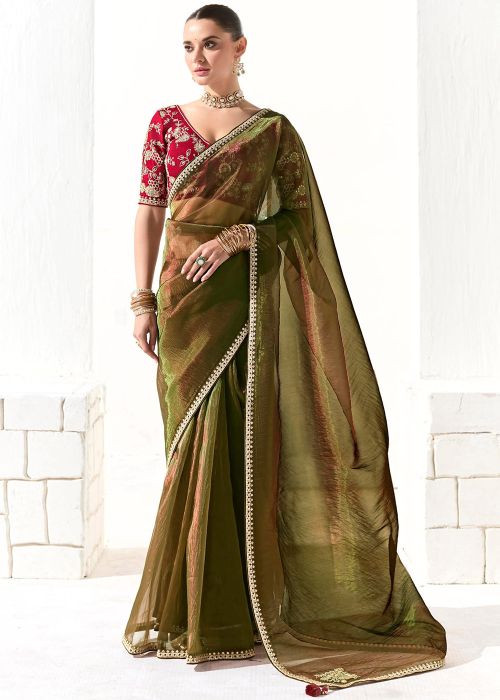 Olive Green Saree & Blouse In Embroidery