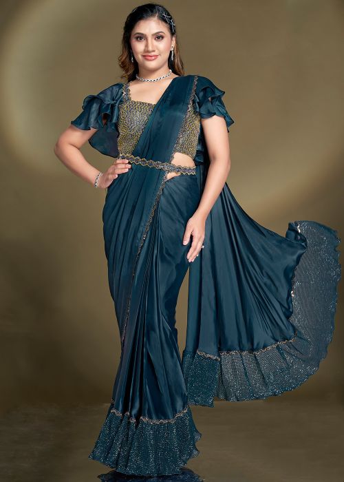 Pre-Stitched Teal Blue Embellished Saree